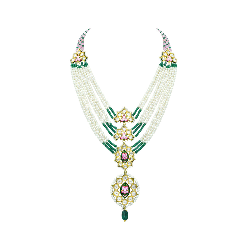 Pearl Necklace with Emerald, Tourmaline, and Polki Pendant